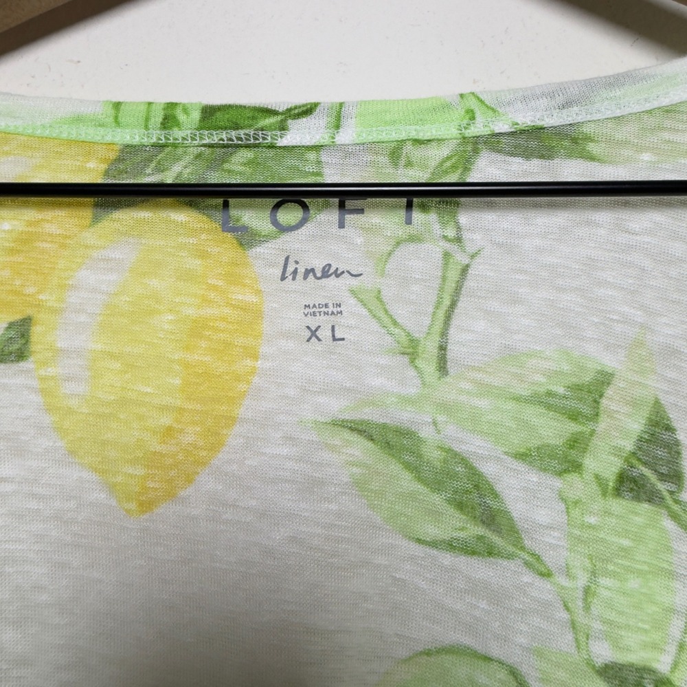 LOFT Women 100% Linen Tee XL White Yellow Green Lemon Print Short Sleeve Novelty - Picture 3 of 7